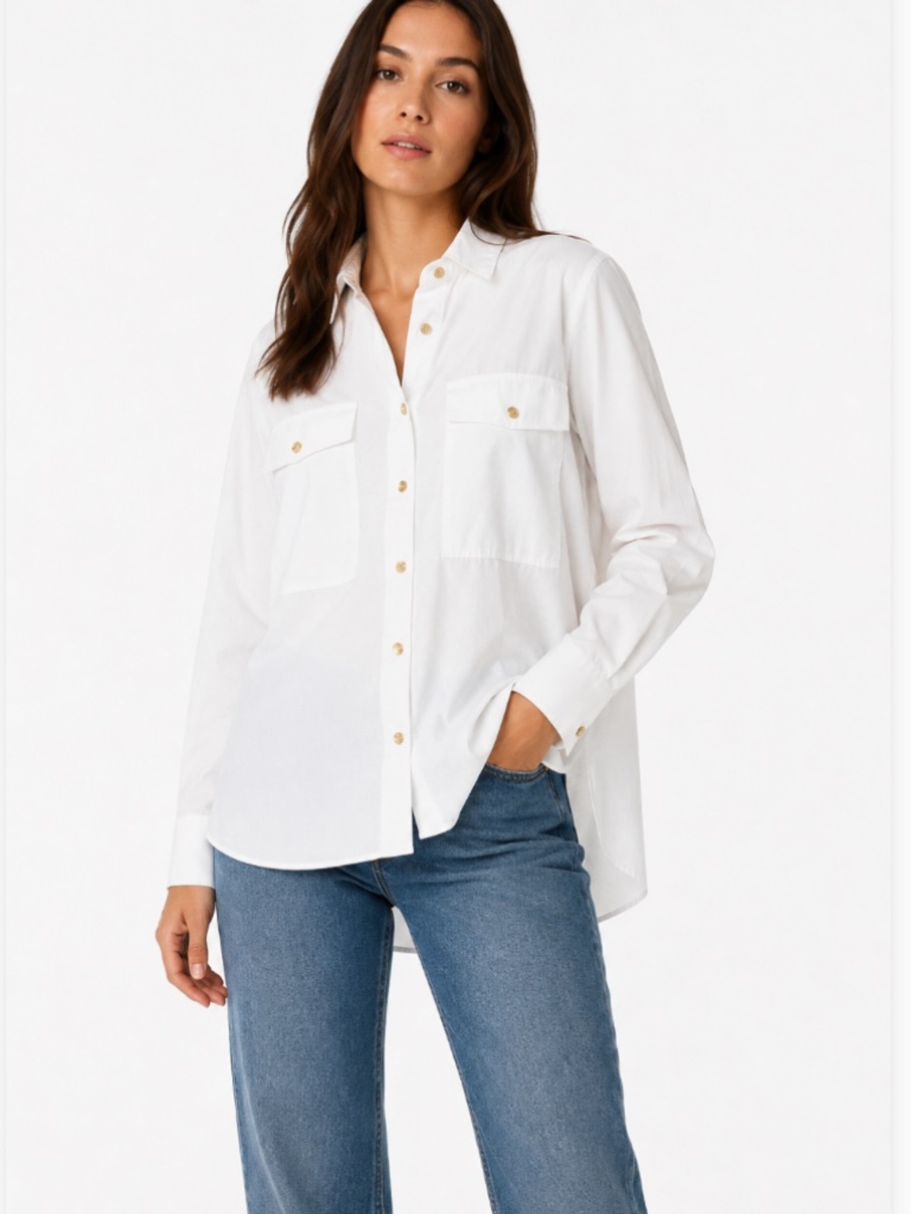 Zara Basic Gold Button Down Business Casual Cotton Blouse White Size Small